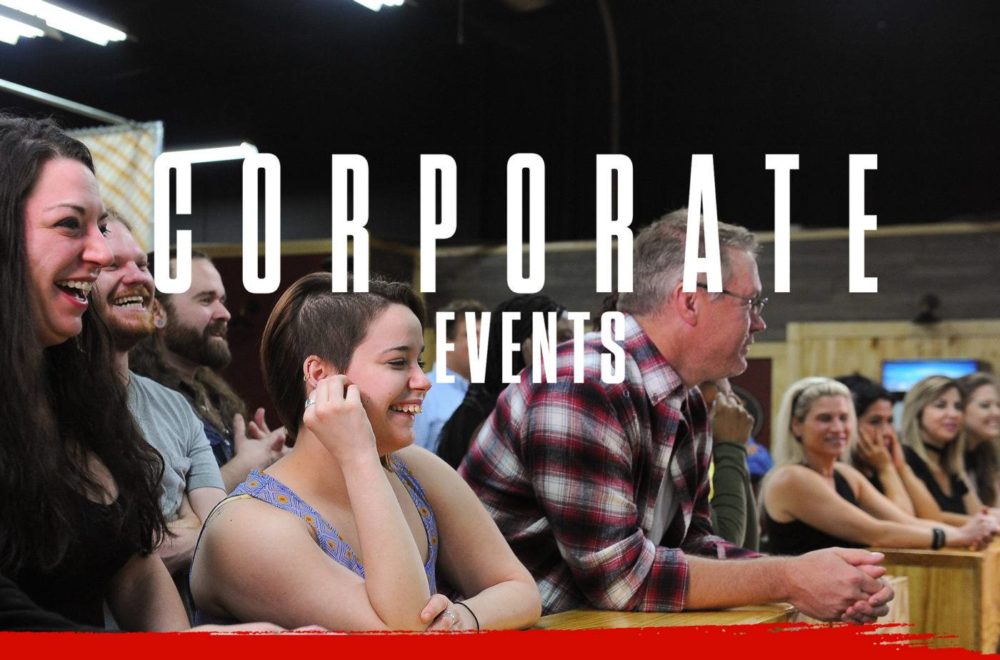 corporate events header image with people overlooking an axe throwing range