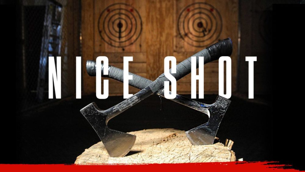 niceShotNew Home Page Header Image That Reads 'Nice Shot' with 2 axes crossed over eachother in front of two wooden targets