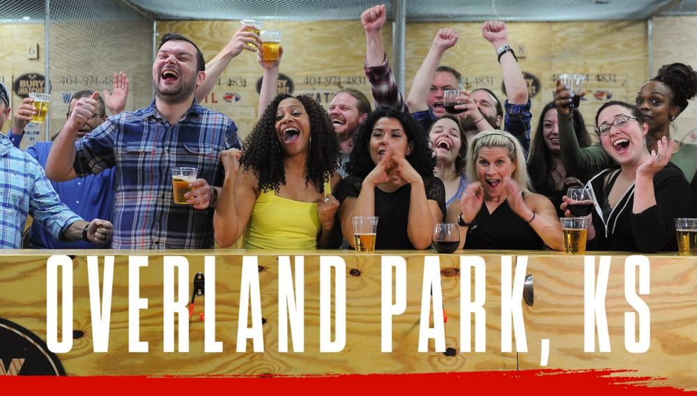 overlandKSCityHeader Bury The Hatchet Overland Park KS City Page Header Image. Axe throwers celebrating with hands in air